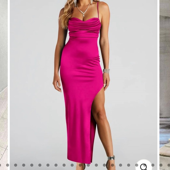 NWT ANRABESS Spaghetti Strap Bodycon High Slit Pink Satin Maxi Dress Size Medium - Picture 1 of 13